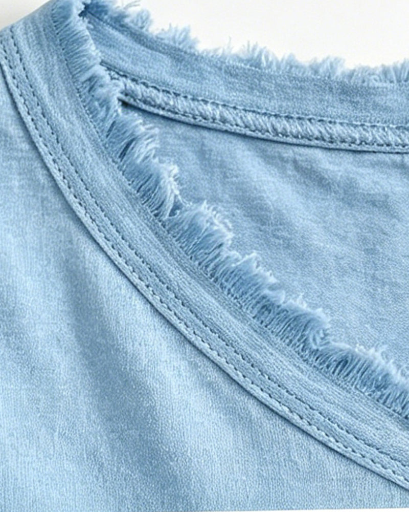 V-Neck Solid Color Frayed Blouse
