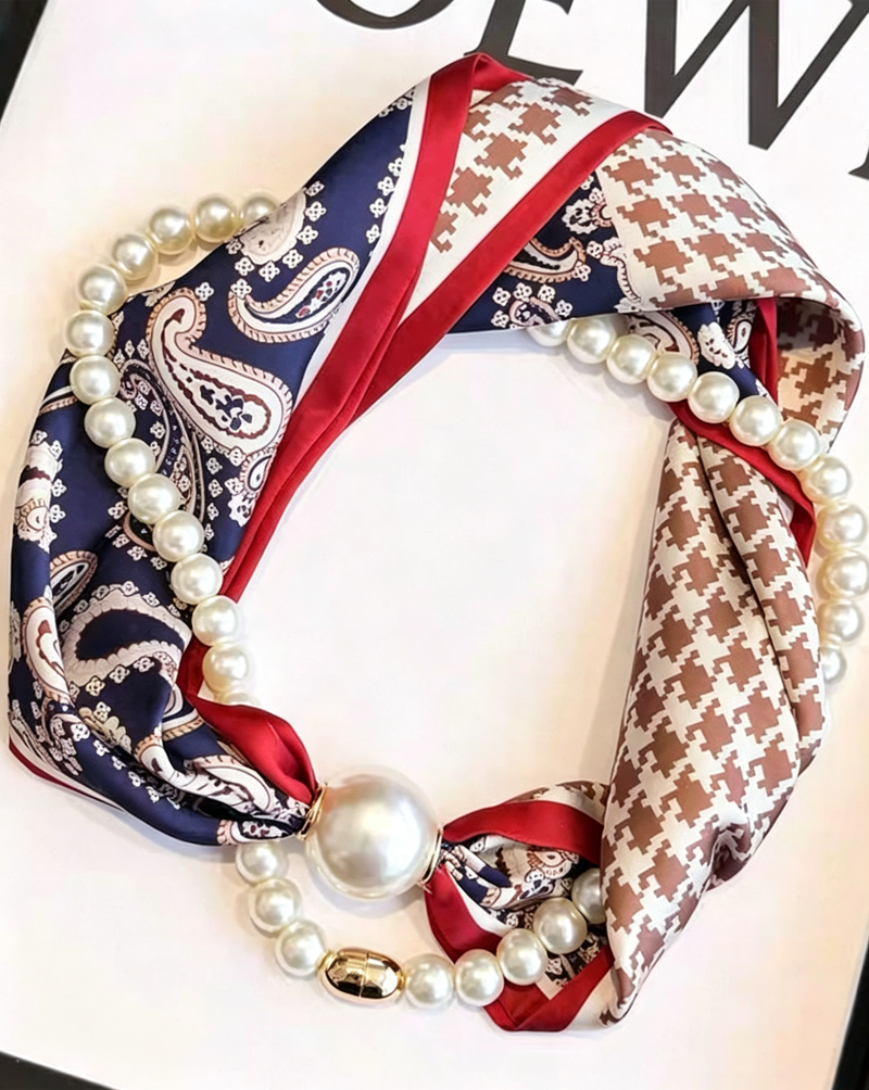 Long Pearl-Embellished Silk Necklace
