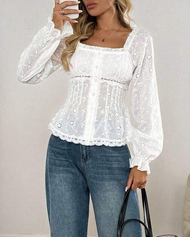 Square Neck Lace Trim Cutout Bubble Sleeve Blouse