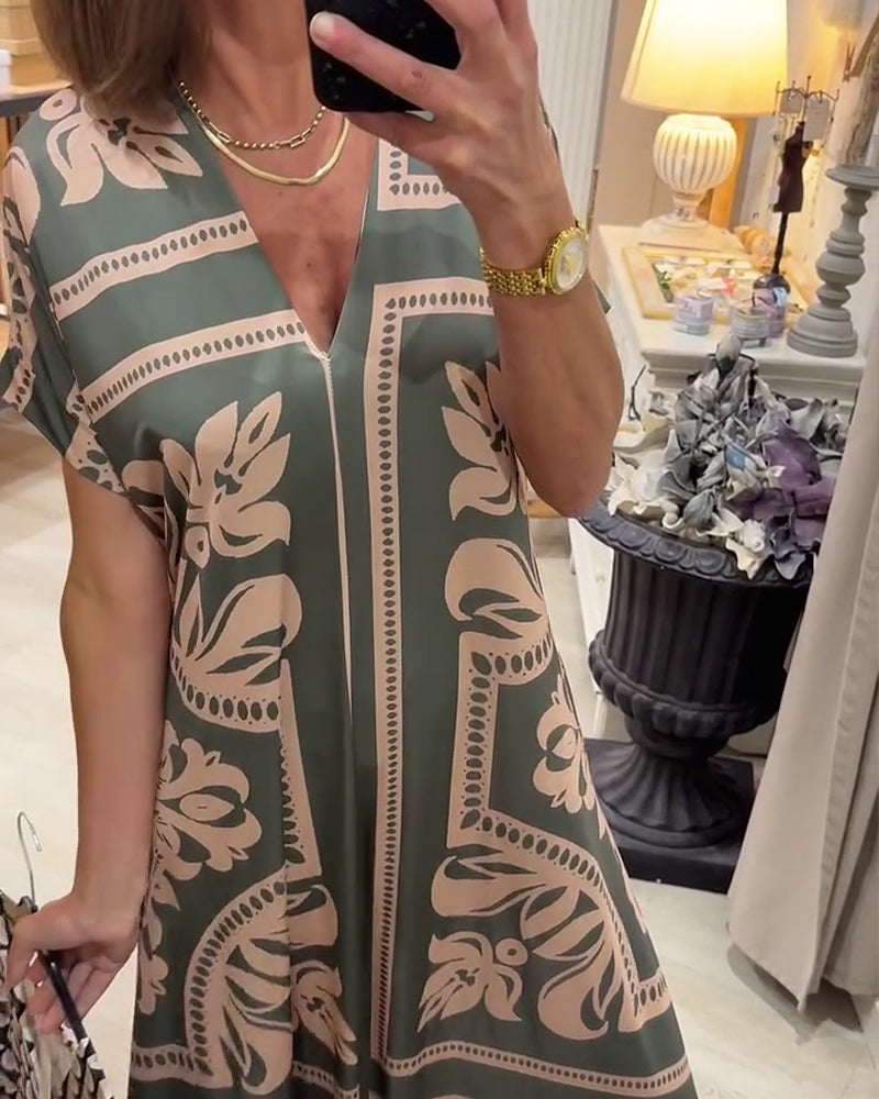 V-Neck Full Skirt Short Sleeve Dress
