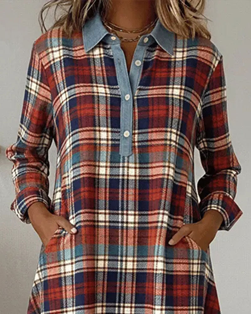 Lapel Collar Button Pocket Plaid Spliced Dress