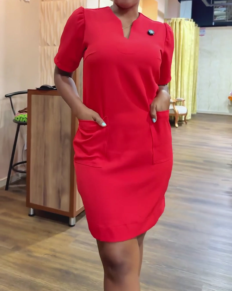 Solid Color V-Neck Pocket Dress