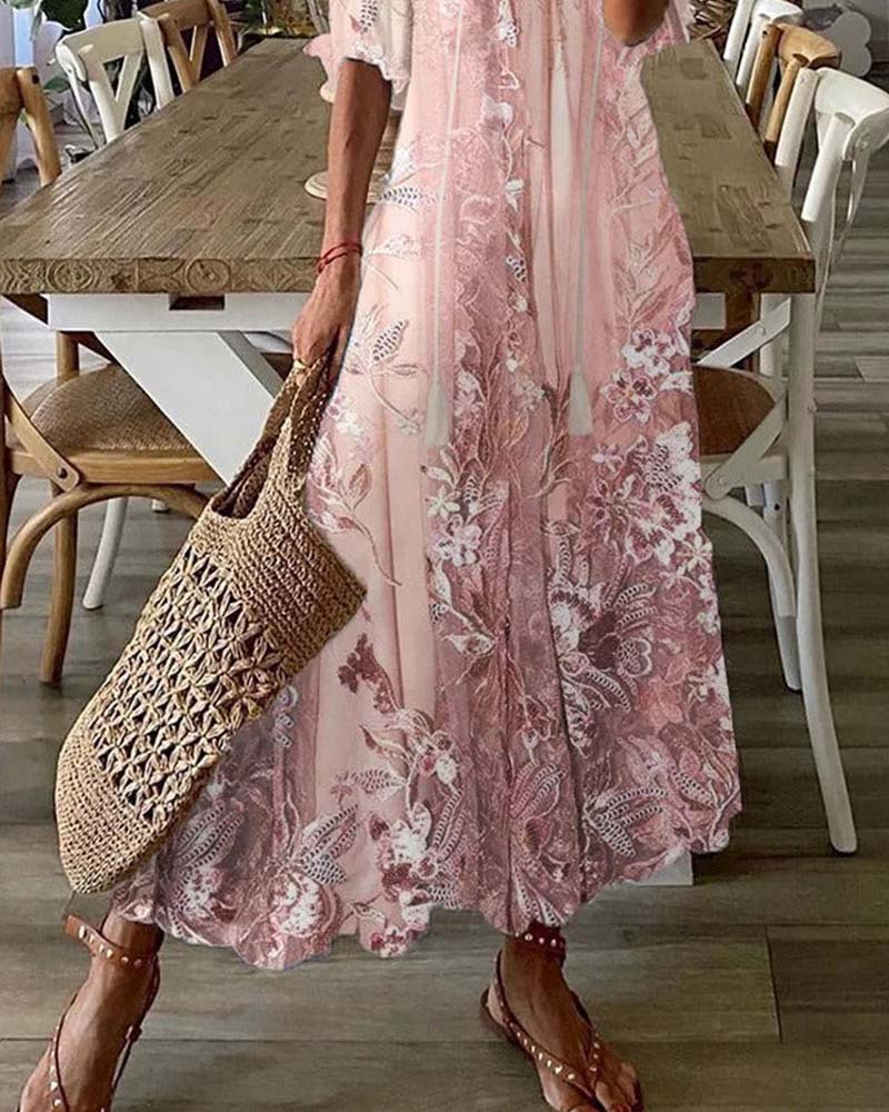 V-Neck Floral Ruffle Full Skirt Dress
