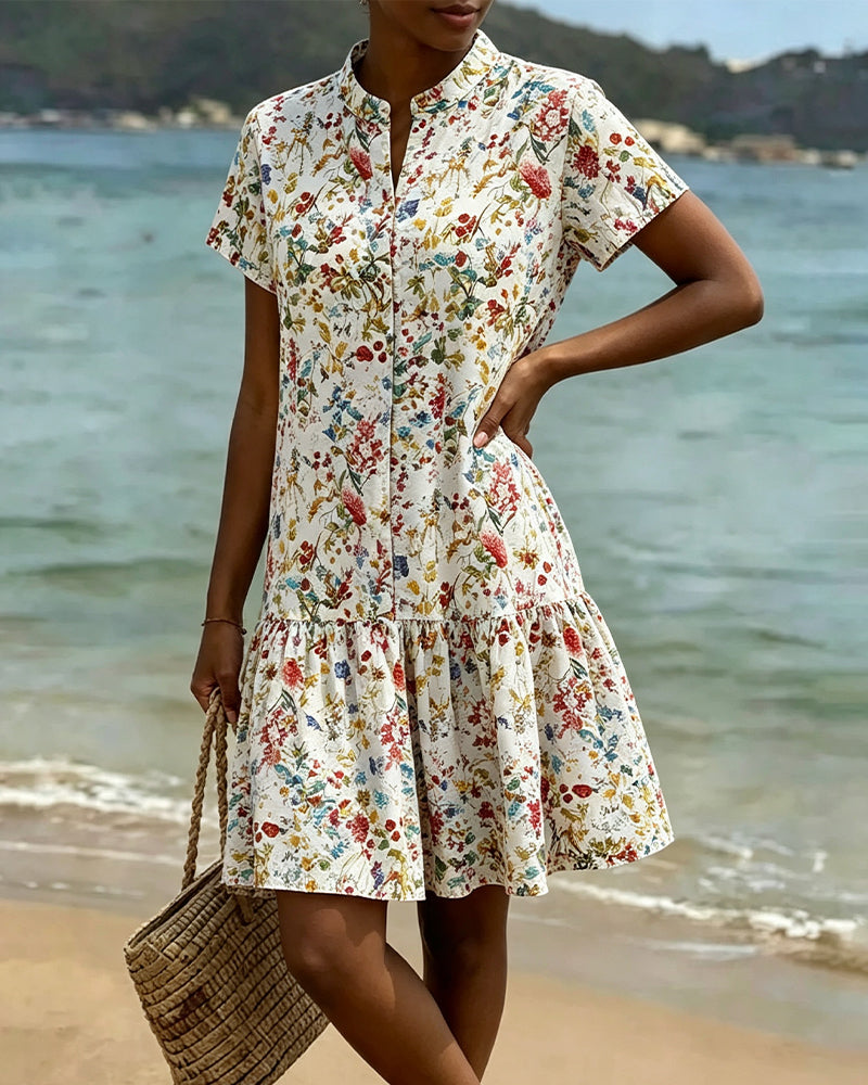 Floral Short-Sleeved Ruffle Hem Dress