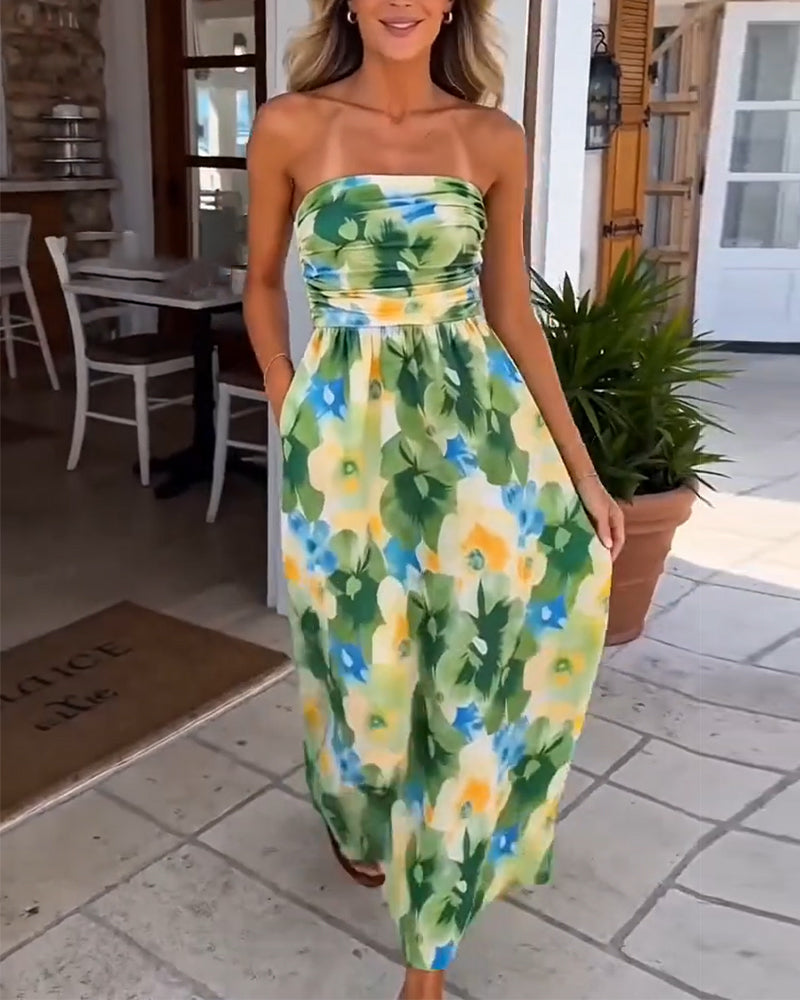 Floral Strapless Waist A-Line Dress