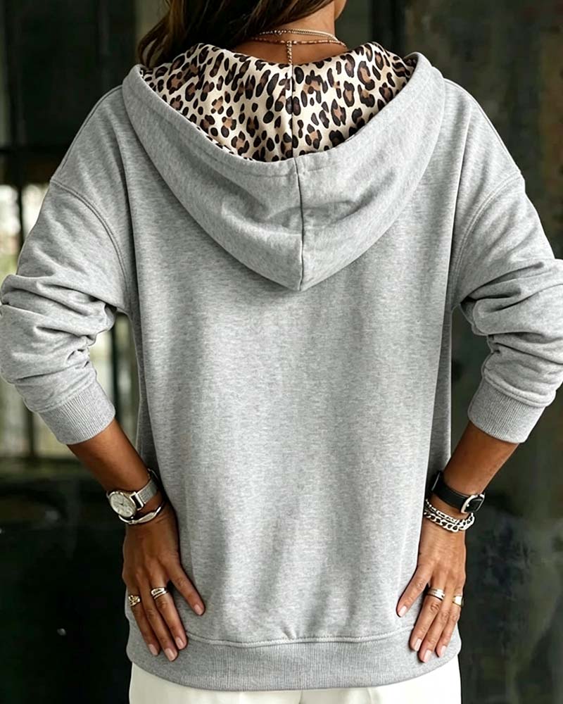 Hooded Leopard Print Zip Pocket Coat