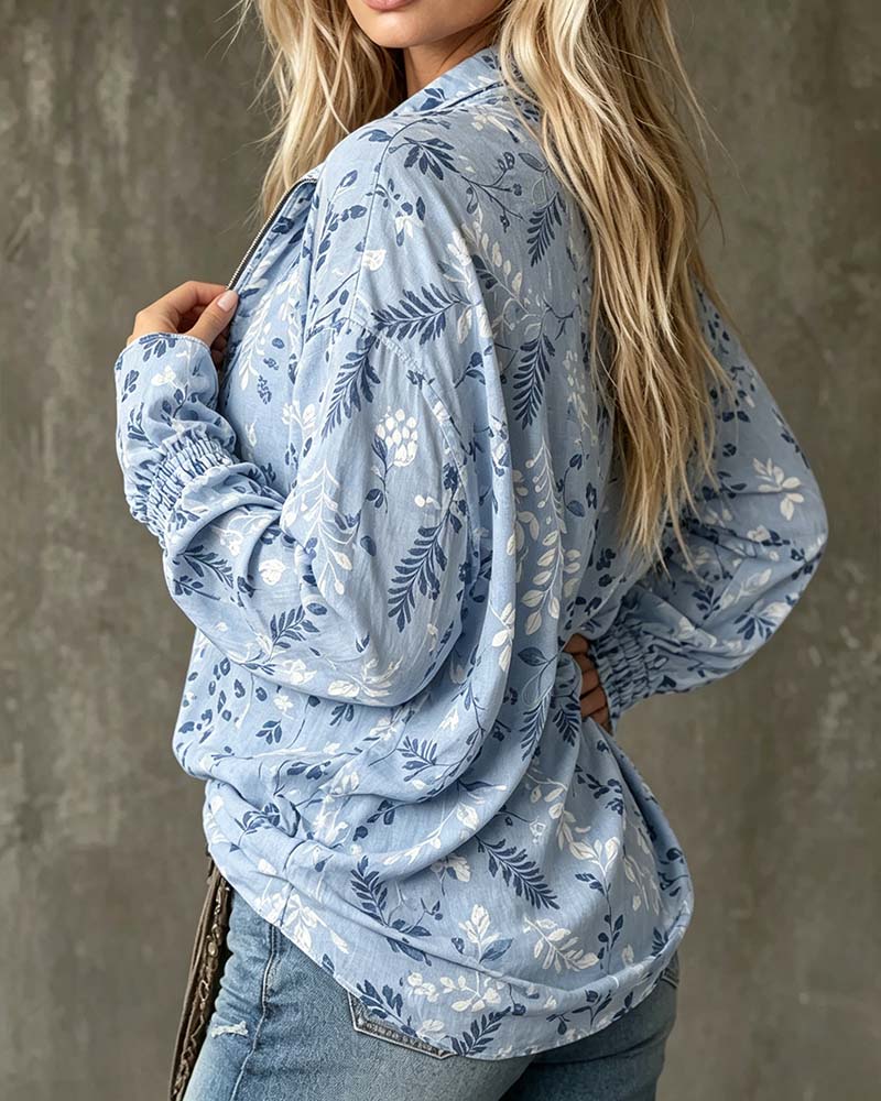 Lapel Zipper Ruffle Leaf Blouse