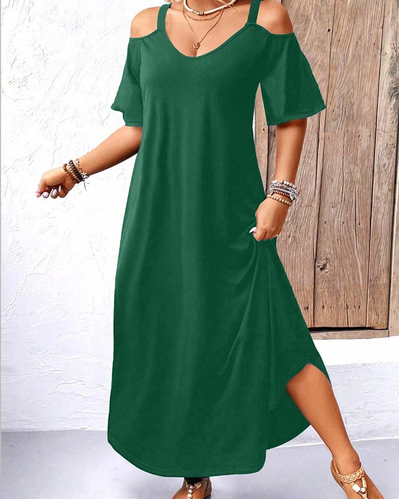 Solid V-Neck Off-Shoulder Long Dress