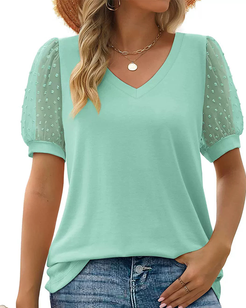 Solid Mesh Puff Sleeve Blouse