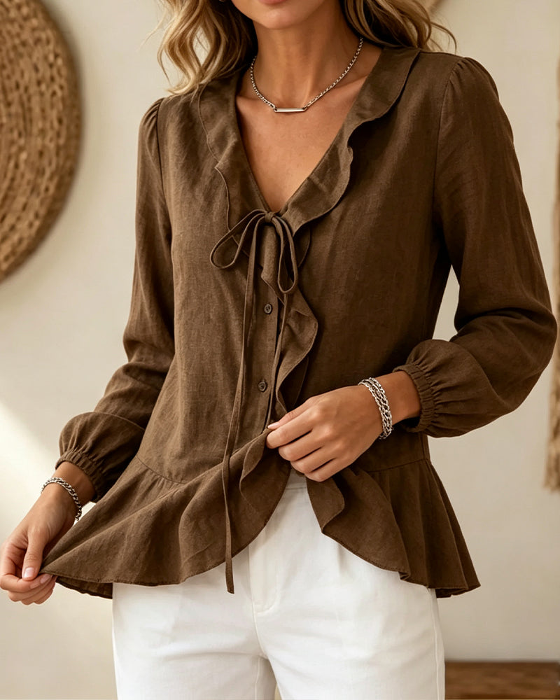 V-Neck Ruffle Tie Long Sleeve Blouse