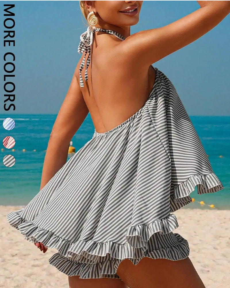 Striped Halter Backless Strappy Set