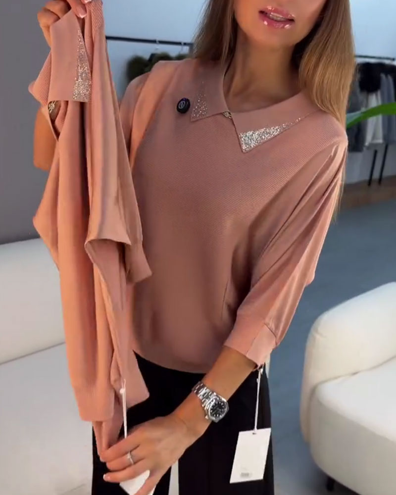 Lapel Elbow-Length Sleeve Knit Elegant Pullover