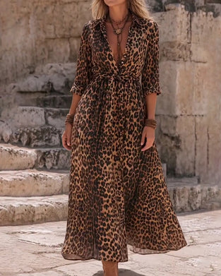 Leopard Print A-Hem Strappy Long Dress
