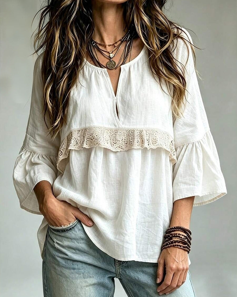 Casual V-Neck Lace Blouse