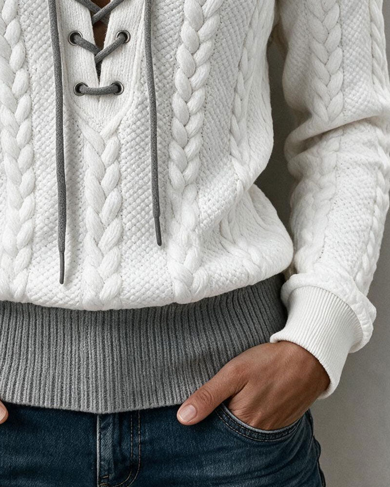 V-Neck Lace-Up Cable Knit Long Sleeve Blouse