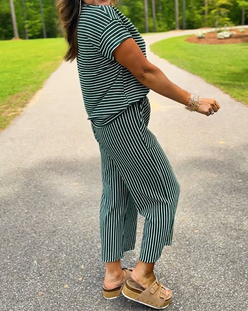 Round Neck Striped Elastic Waist Pocket Set