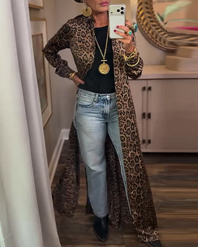 Leopard Print Slit Long Sleeve Dress