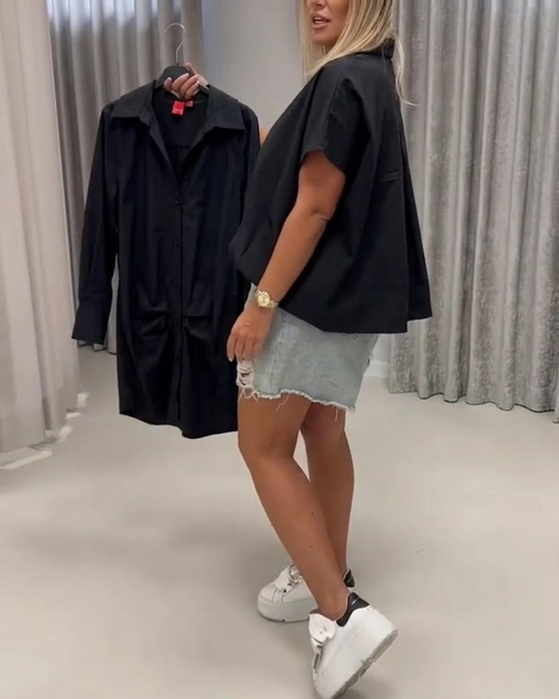 Lapel Loose Fit Batwing Sleeve Blouse