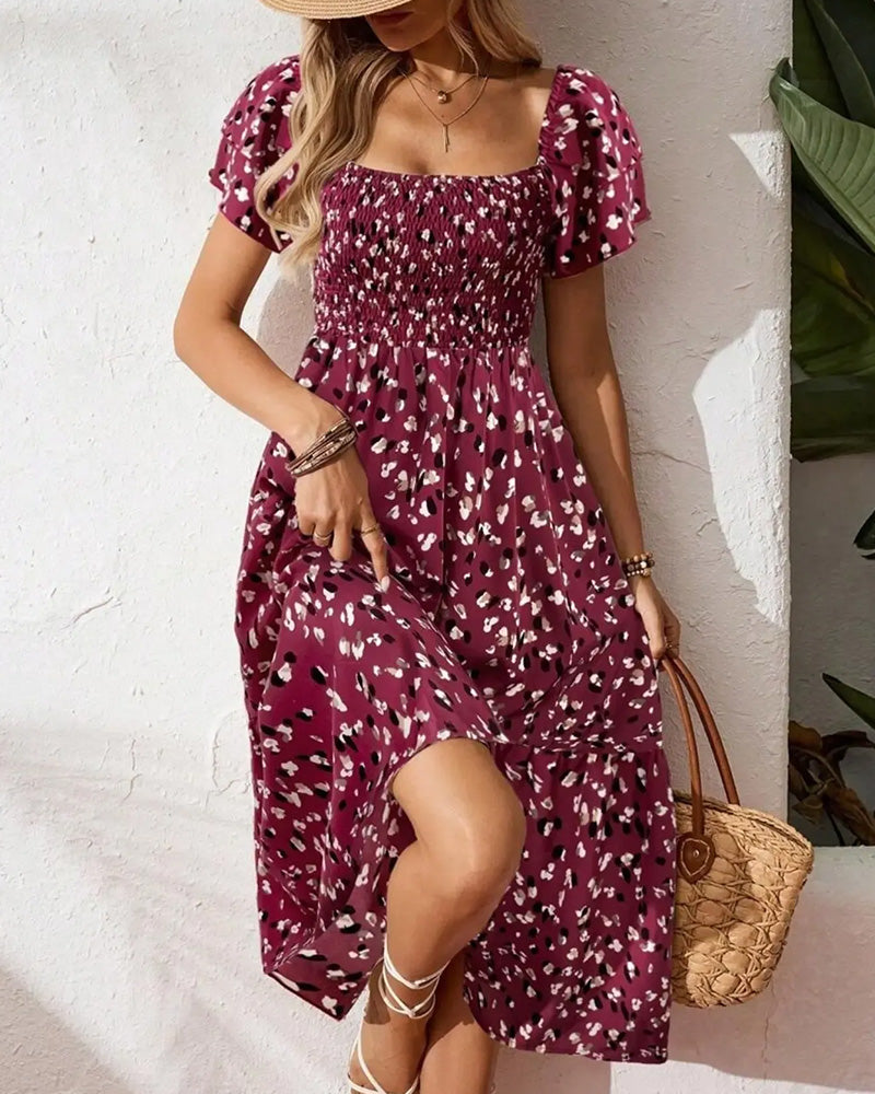 Flutter Sleeve Waist-Cinching Pleated A-Line Dress