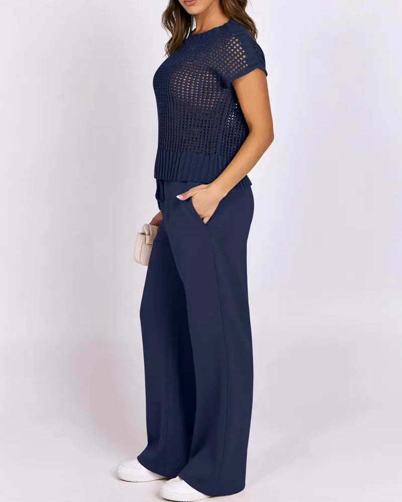 Open-Knit Short-Sleeve Top & Wide-Leg Pants Set