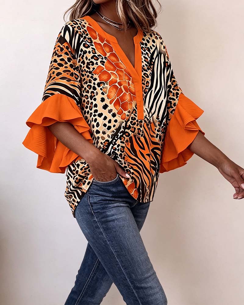 Zebra Leopard Print Ruffle Sleeve Blouse