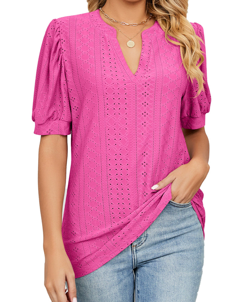 V-Neck Solid Color Hollow-Out Puff Sleeve Blouses