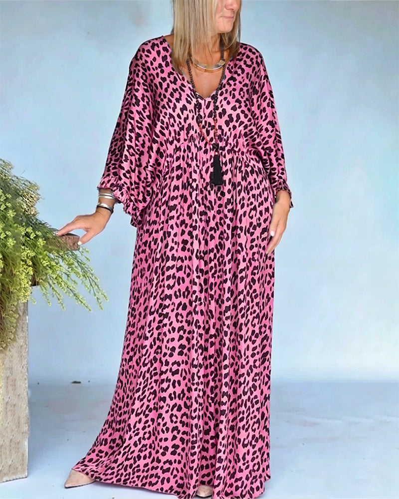 V-Neck Leopard Print Loose Fit Casual Dress