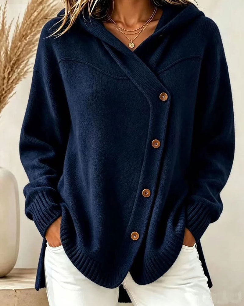 Buttoned Long Sleeve Hooded Pullover