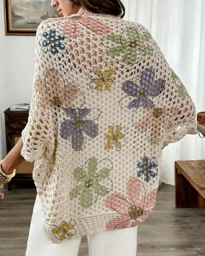 Hollow Out Floral Print Knit Cardigan