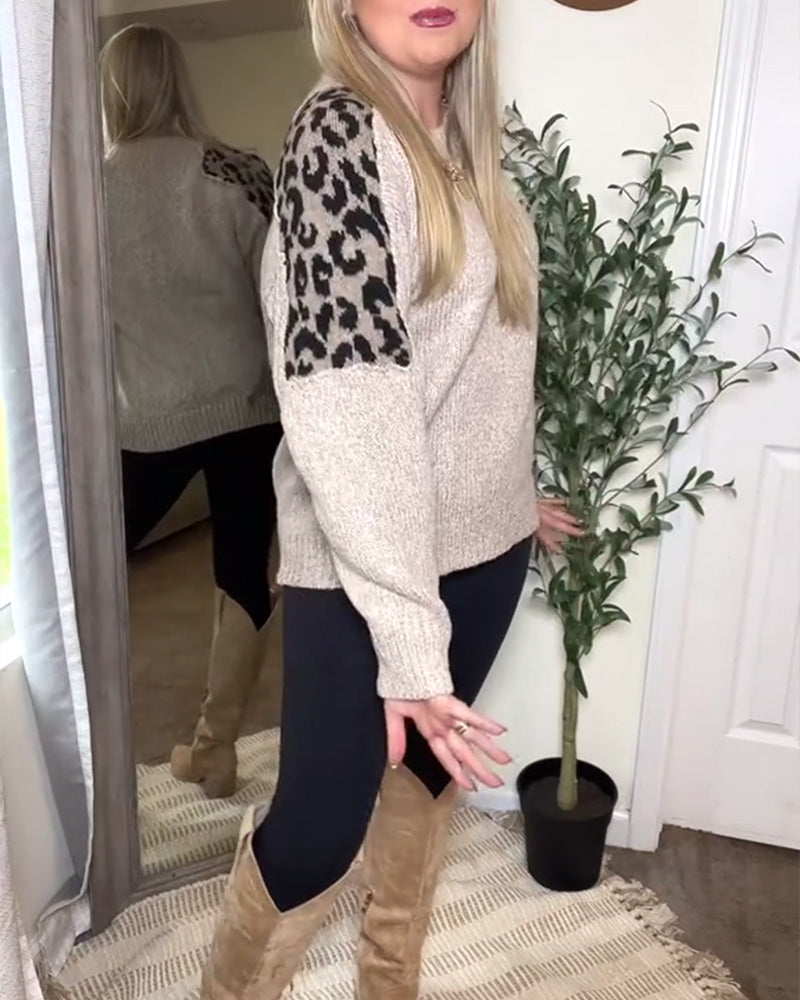 Casual Round Neck Leopard Print Patchwork Pullover