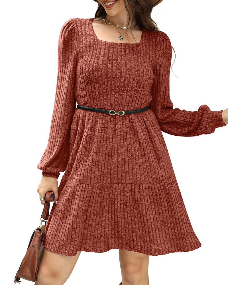 🍂2025 Autumn New Style⏰Women's Square Neck Lantern Sleeve Ribbed Dress