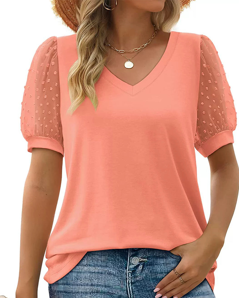 Solid Mesh Puff Sleeve Blouse
