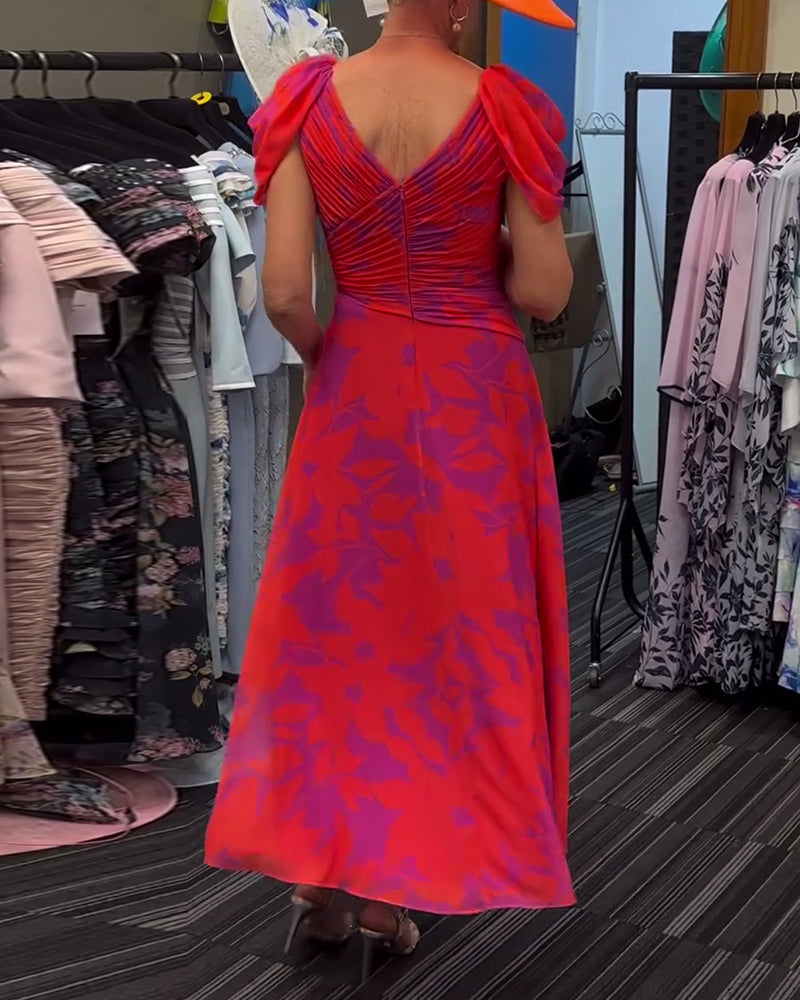 Pleated slit printed dress