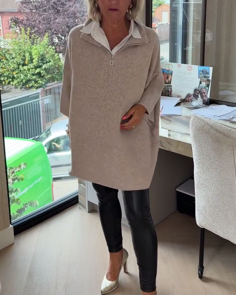 Stand Collar Half-Zip Loose Pullover