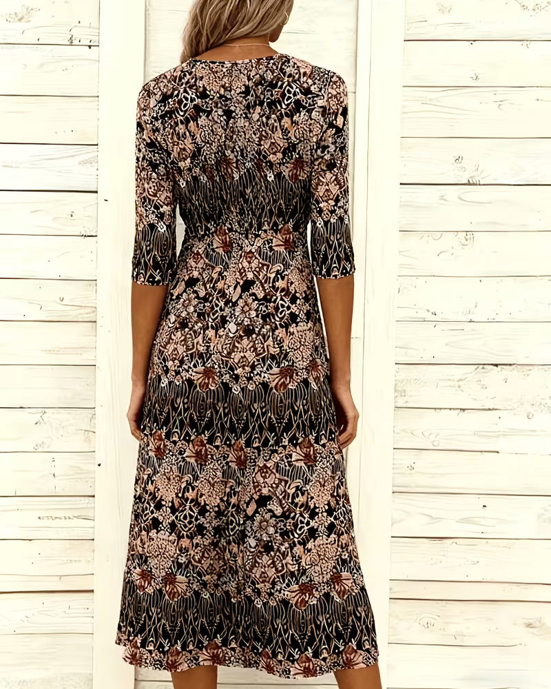 V‑neck Print Patchwork Mid‑sleeve Dress