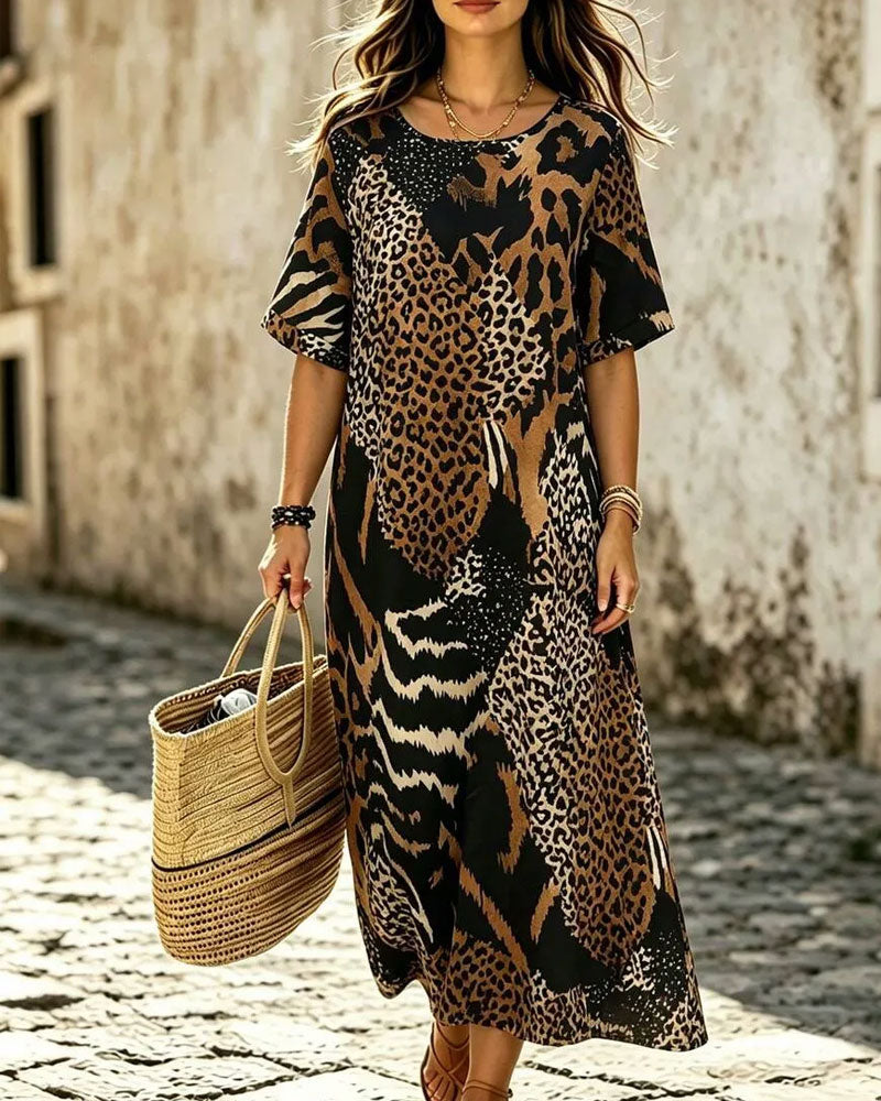 Round Neck Half Sleeve Leopard Print Flared Dress