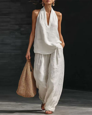 Linen Halter Neck Sleeveless Wide-Leg Pants Set