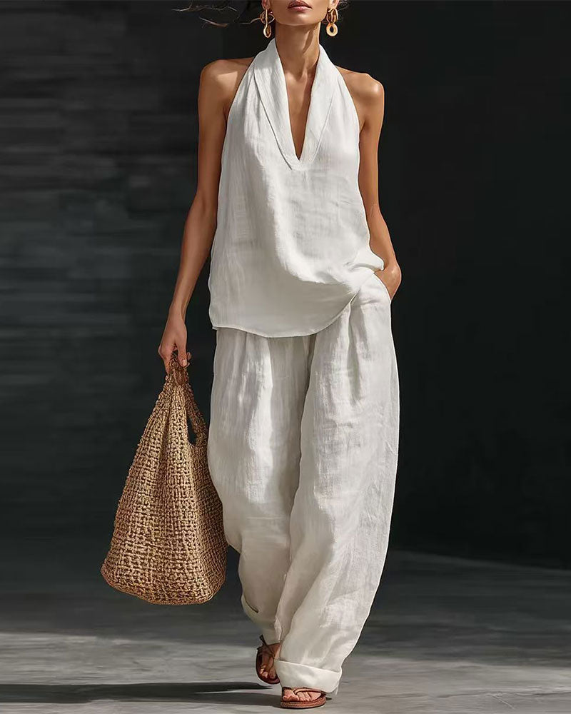 Linen Halter Neck Sleeveless Wide-Leg Pants Set