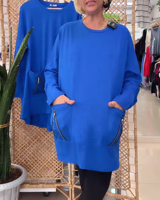 Round Neck Solid Color Zipper Pocket Sweatshirt