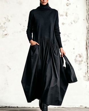 High Neck Patchwork Ruched Long Dress
