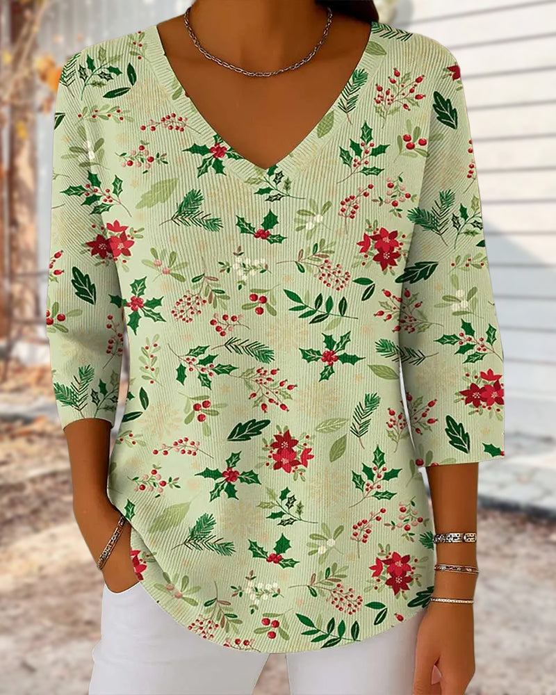 Women's Christmas Print V-Neck 3/4 Sleeve Casual Loose knitted top