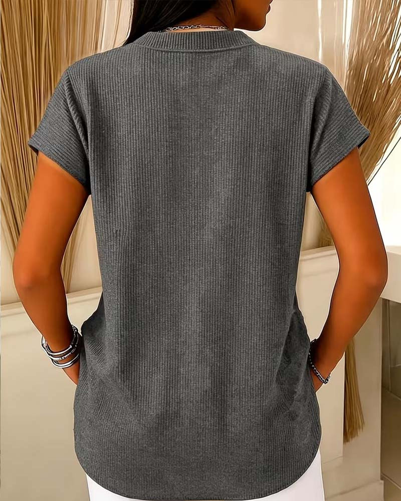 Solid Short Sleeve Zip Blouse