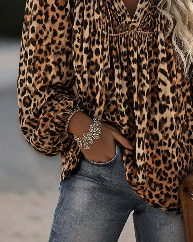 V-Neck Leopard Print Ruffled Puff Sleeve Blouse