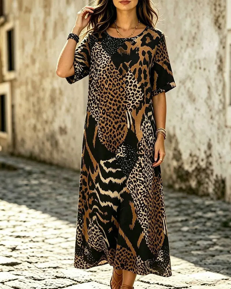 Round Neck Half Sleeve Leopard Print Flared Dress