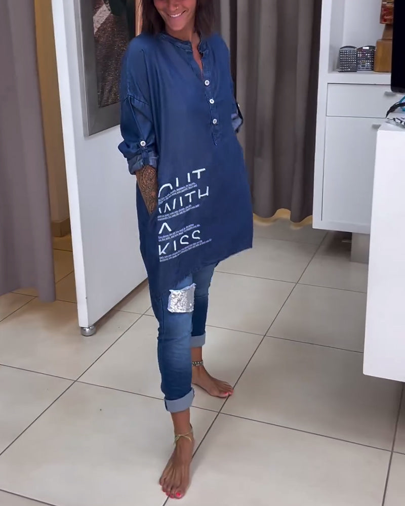 Letter print irregular button top