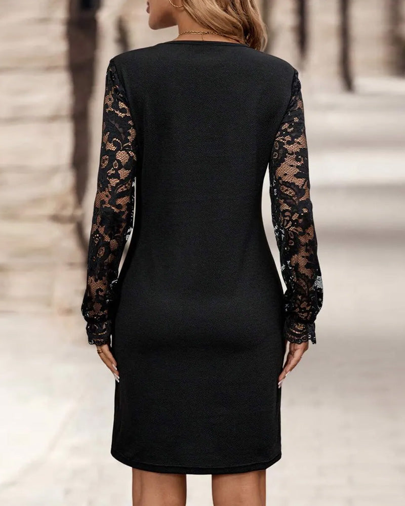 V-Neck Lace Contrasting Panel Dress