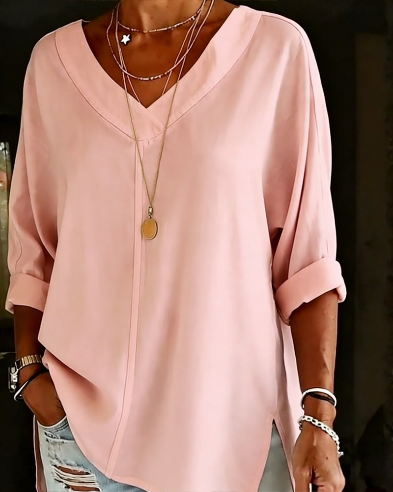 100% Cotton V-Neck Three-Quarter Sleeve Slit Top