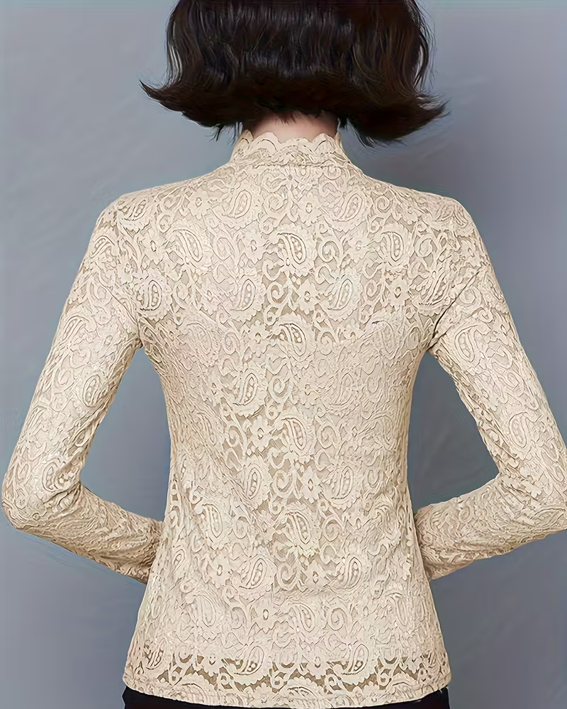 Elegant Solid Half Neckline Long Sleeve Lace Top