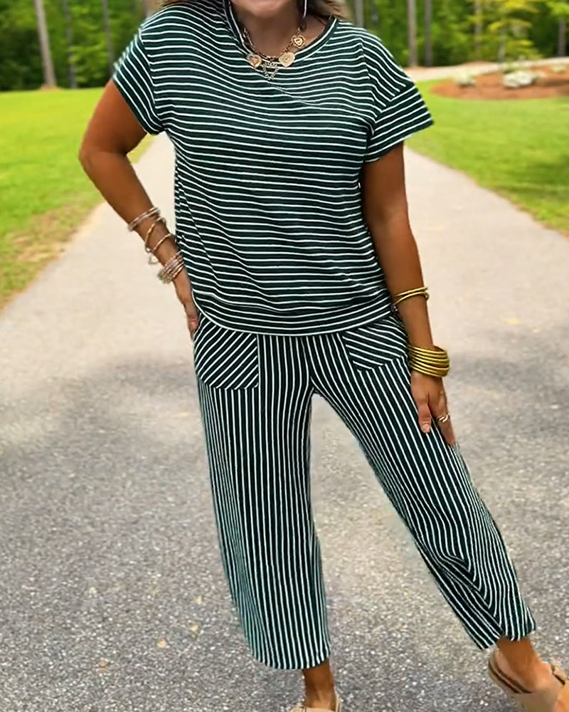 Round Neck Striped Elastic Waist Pocket Set