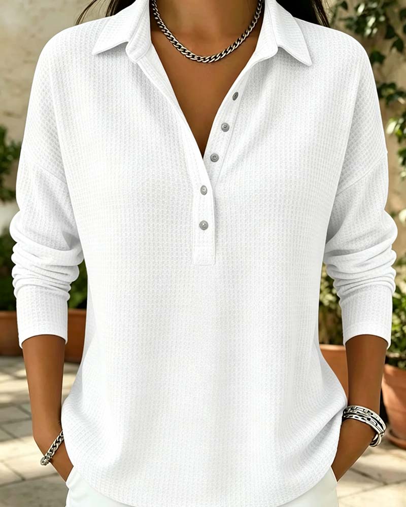 Waffle Lapel Long Sleeve Top